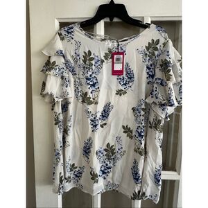 Vince Camuto 1X floral lined ruffle short sleeve top blouse lightweight